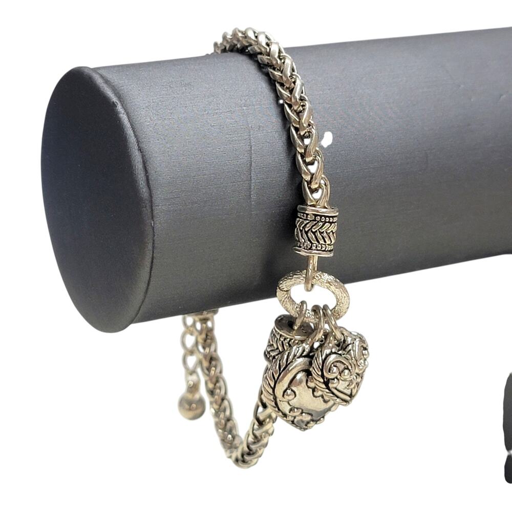 Vintage Silver Tone Wheat Chain Double Scroll Heart Charm Bracelet Adjustable
